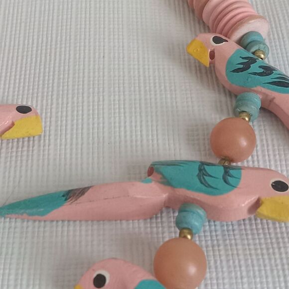 Pink & Blue Painted Wooden Parrot Shaped Beads Single Strand Statement Necklace - Picture 7 of 12